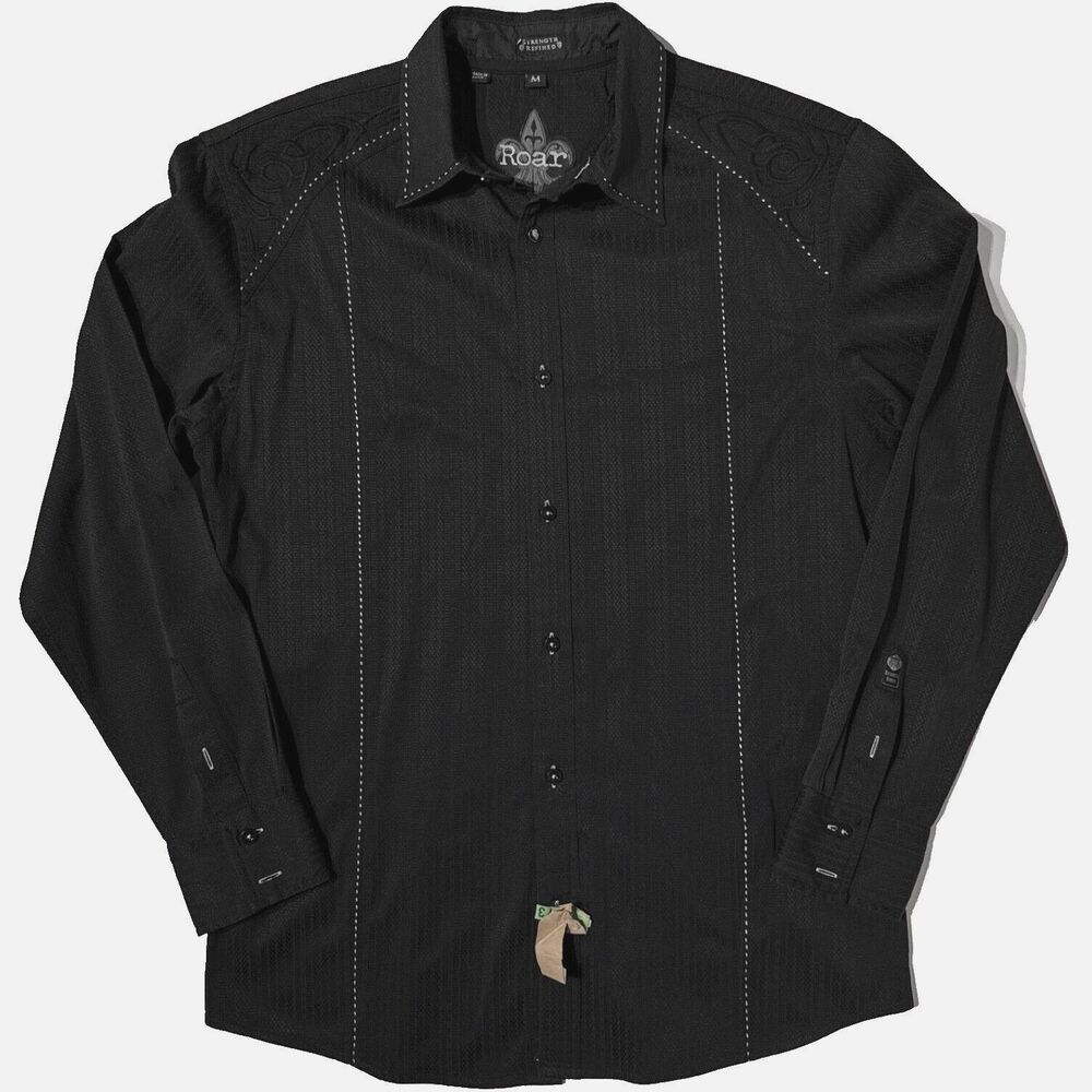 Roar Black Embroidered Contrast Stitching Stretchy Button Up Shirt Men's Size M